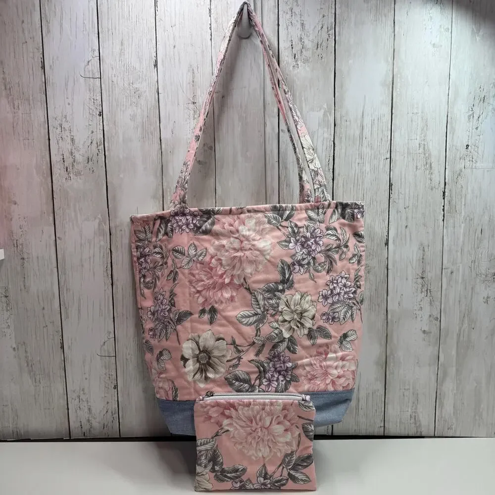 Quilted Pink Floral Tote Bag Denim Accent : Matching Zipper Pouch Included